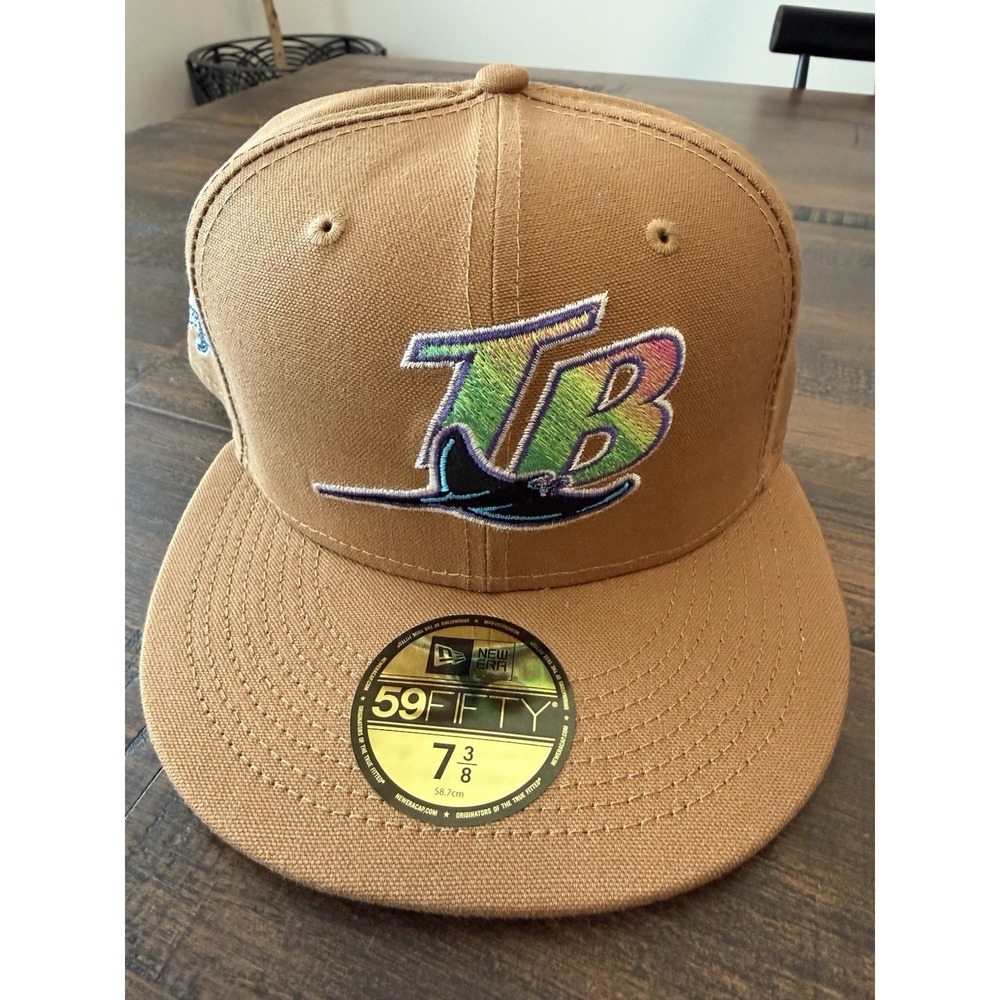New Era Tampa Bay Rays MLB 59Fifty Fitted Cap Hat Sz 7 3/8 Khaki Tan/Pink $50